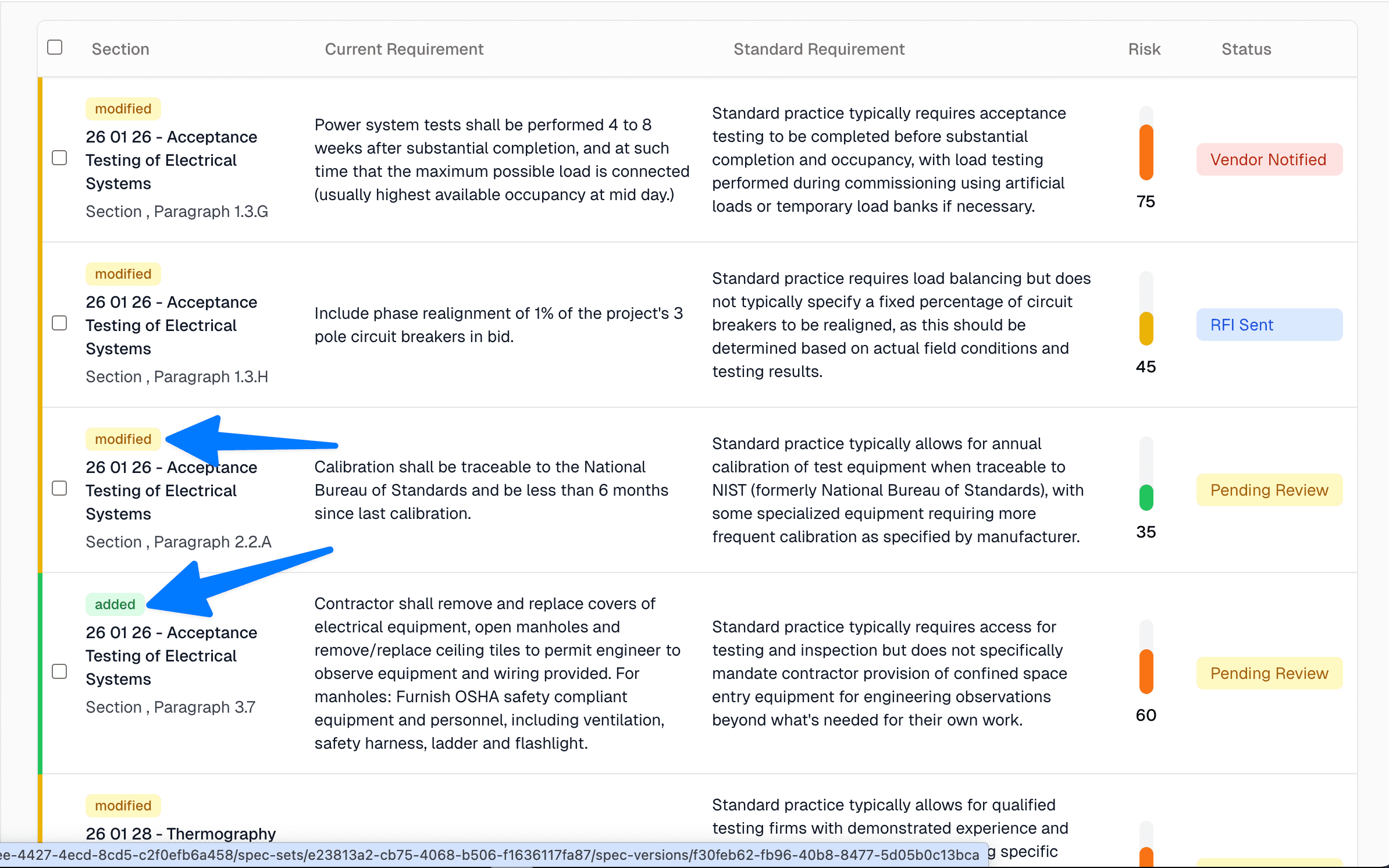 Spec Diff - DeadFront AI feature showing see what changed between versions (added/removed/modified) so you can price revisions accurately.