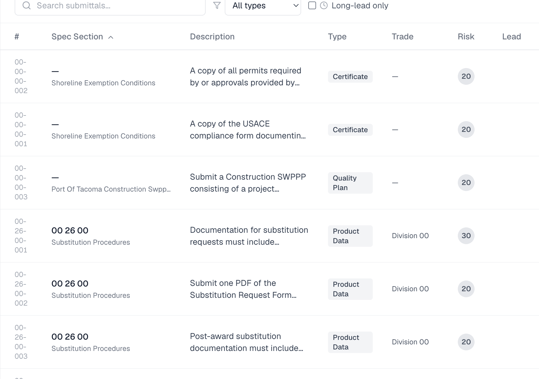 Submittal Log - Auto-built from the specs with CSI section, submittal type, and long-lead flags so you know what to order first. One-click Excel export.