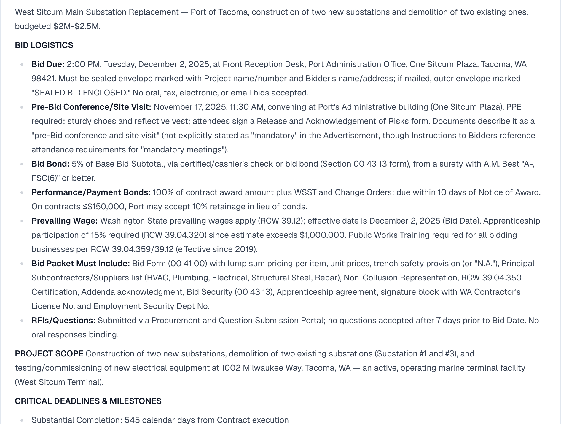 DeadFront bid brief generated from the Port of Tacoma West Sitcum substation replacement public bid set — bid logistics, bonds, prevailing wage, and deadlines